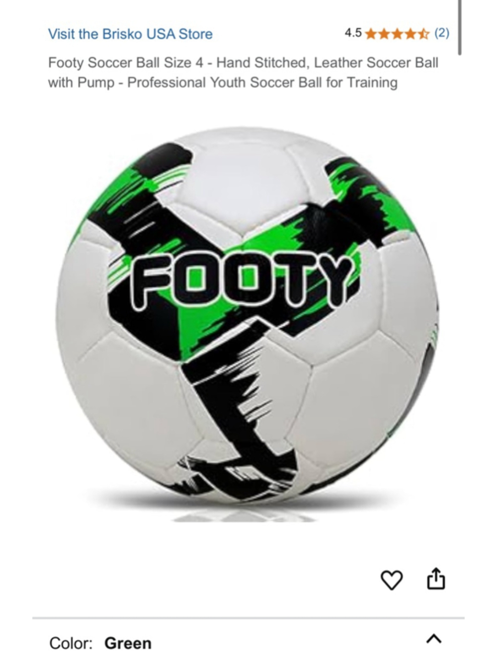Brisko USA Soccer Ball Size 4 - White and Green Hand Stitched